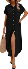 Women's Casual Sleeve Button Down Long Shirt Dress with Pockets Swimsuit Beach Cover Up