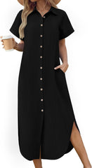 Women's Casual Sleeve Button Down Long Shirt Dress with Pockets Swimsuit Beach Cover Up