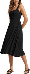 Women Summer Square Neck Sleeveless Flare Tank Midi Casual Sundress with Pockets