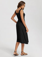 Women Summer Square Neck Sleeveless Flare Tank Midi Casual Sundress with Pockets
