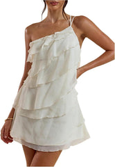 Women's One Shoulder Ruffle Mesh Layered Backless Mini Vacation Party Sundress