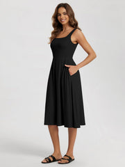 Women Summer Square Neck Sleeveless Flare Tank Midi Casual Sundress with Pockets