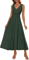 2026 Summer Sleeveless V Neck Pleated Casual Midi Work Cocktail Wedding
