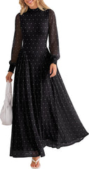 Women's Long Sleeve Mock Neck Drop Waist A-Line Floral Soft Lightweight Mesh