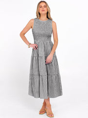 Women's Summer Sleeveless Crewneck Smocked Plaid Tiered Boho A-Line Maxi Beach Sundress