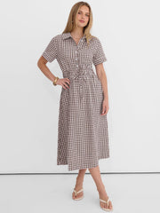 Women Summer Short Sleeve Striped & Gingham Casual A-Line Button Collar