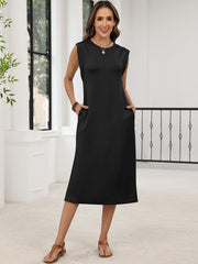 Womens Summer Sleeveless Crewneck Loose Split Wrinkle-Free Midi Beach Travel Vacation Long Sundress