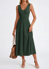2026 Summer Sleeveless V Neck Pleated Casual Midi Work Cocktail Wedding