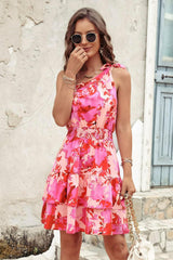 Women's Summer Tie One Shoulder Boho Floral Elastic Waist Tiered Ruffle