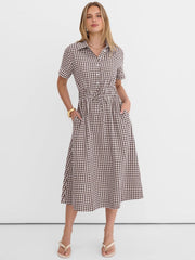 Women Summer Short Sleeve Striped & Gingham Casual A-Line Button Collar