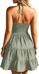 Women's Summer Halter Backless Sleeveless A-Line Ruffle Hem Flowy Cami Mini Sundress