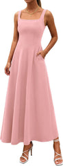 2 Neck A-Line Swing Maxi Beach Wedding Guest Dress with Pockets