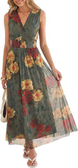 Women's Floral Tulle V Neck Sleeveless A-Line Elastic Waist Casual Flowy Formal
