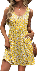 Summer A-Line Sleeveless Casual Floral/Solid Sundress with Pockets