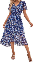 Women's Summer Floral Short Sleeve Wrap V-Neck Ruffle Long Wedding Guest Maxi Dress