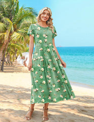 Summer Bohemian Floral Short Sleeve Casual Flowy Tired Maxi Beach Sundress for