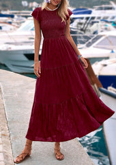 Summer Floral Cap Sleeve Smocked A Line Long Elegant Midi Wedding Guest Dress