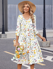 Summer 3/4 Sleeve Women's Casual Midi Tshirt Semi-Formal Sundress with Pockets