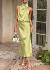 Women's 2026 Summer Satin Sleeveless Mock Neck Elegant Cocktail Party Maxi Dress
