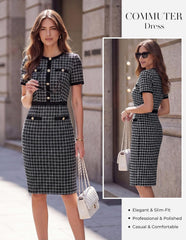 Women 2026 Summer Short Sleeve Bodycon Tweed Button Knee Length Pencil
