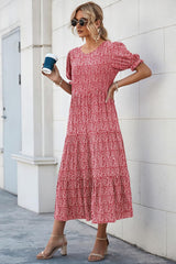 Women's Summer Casual Floral Boho Midi Puff Short Sleeve Flowy Beach Vacation Sun Dress