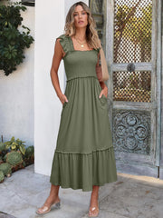 Womens Summer Sleeveless Square Neck Smocked Boho Ruffle Strap A-Line Maxi Beach Sundress