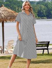 Women's 2026 Summer Button Down Short Sleeve A-Line Long Shirt Dress Beach Travel Cover Up Sundress