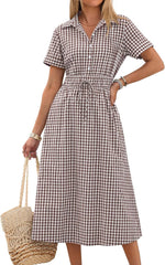 Women Summer Short Sleeve Striped & Gingham Casual A-Line Button Collar
