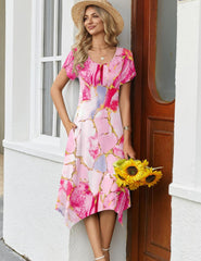 Womens 2026 Summer Short Sleeve Loose Flowy Hankerchief Flare Midi Casual Beach