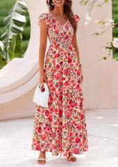 Women's Summer Flowy Casual Cap Sleeve V Neck Smocked Maxi Beach