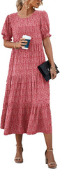 Summer Casual Floral Boho Puff Short Sleeve Flowy Midi Beach Vacation Sun Dress