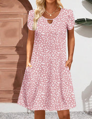 Casual A-Line Floral Short Sleeve T-Shirt Mini Flowy Sundress with Pockets