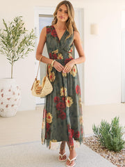 Women's Floral Tulle V Neck Sleeveless A-Line Elastic Waist Casual Flowy Formal