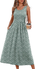 Women's Summer Flowy Casual Midi Beach Vacation Sundress with Pockets