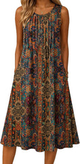 Summer Flowy Aline Casual Midi Tank Beach Boho Vacation Sundress with Pockets
