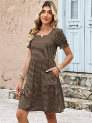 Women 2026 Summer Square Neck Puff Short Sleeve Casual Flowy Mini Sundress with Pockets for Beach Vacation