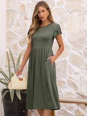 Women's Summer Short Sleeve A-Line Midi Floral T-Shirt Casual Beach Sundress with Pockets