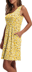 Summer A-Line Sleeveless Casual Floral/Solid Sundress with Pockets