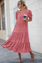 Summer Casual Floral Boho Puff Short Sleeve Flowy Midi Beach Vacation Sun Dress