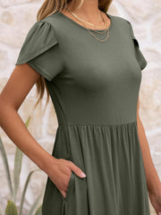 Women's Summer Short Sleeve A-Line Midi Floral T-Shirt Casual Beach Sundress with Pockets