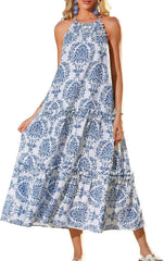 2026 Women's Summer Floral Halter Maxi Beach Sundress with Tiered Ruffle Skirt