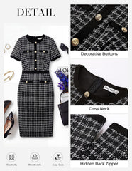 Women 2026 Summer Short Sleeve Bodycon Tweed Button Knee Length Pencil