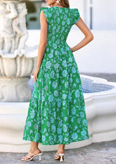 Women's 2026 Summer Boho Floral Smocked V Neck Ruffle Sleeve Flowy Maxi Beach