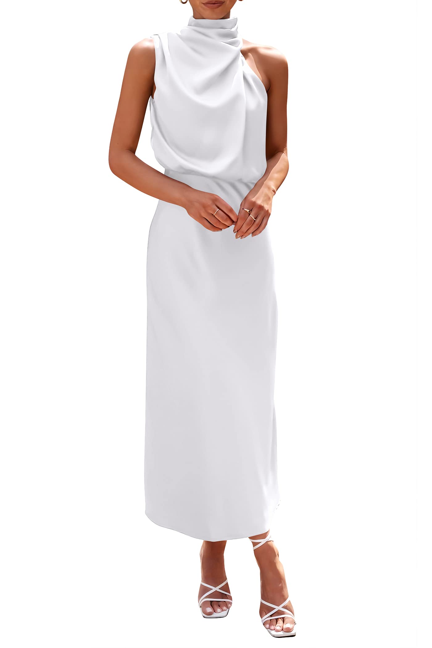 Women's 2026 Summer Satin Sleeveless Mock Neck Elegant Cocktail Party Maxi Dress