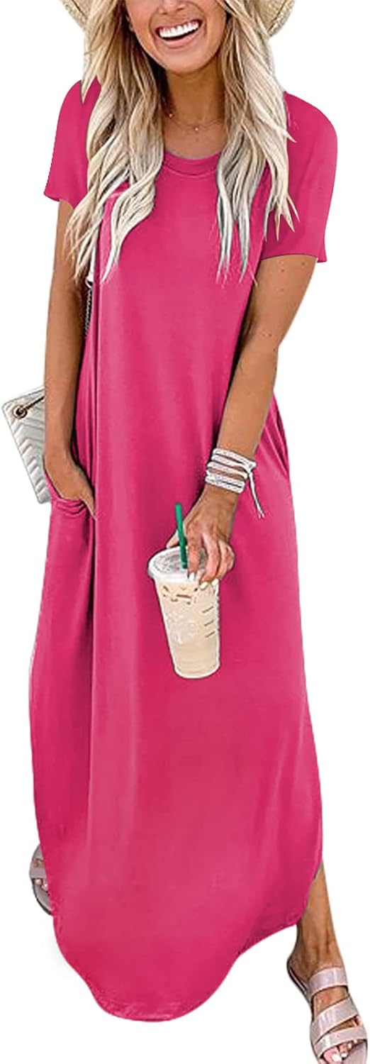 Women's Summer Short Sleeve Casual Loose Long T-Shirt Maxi Dress with