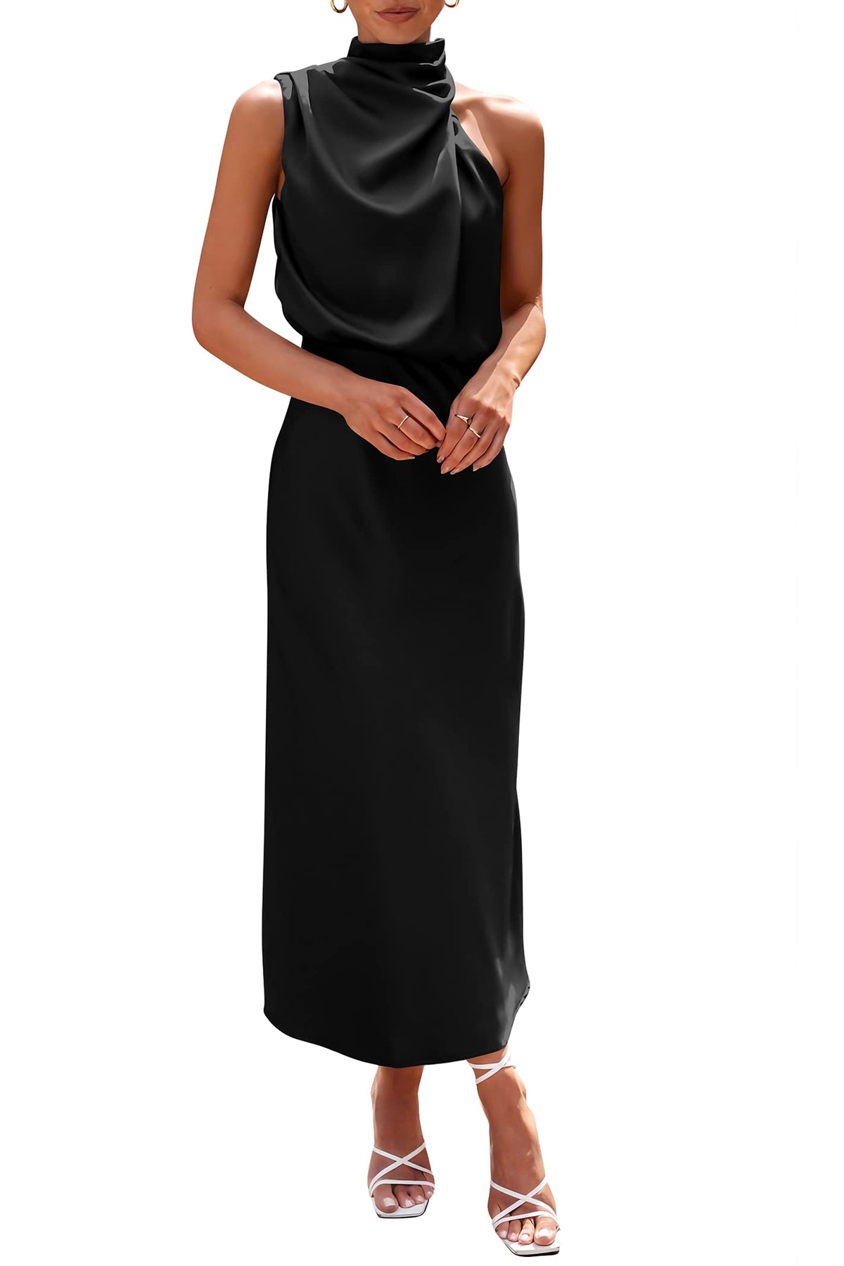 Women's 2026 Summer Satin Sleeveless Mock Neck Elegant Cocktail Party Maxi Dress