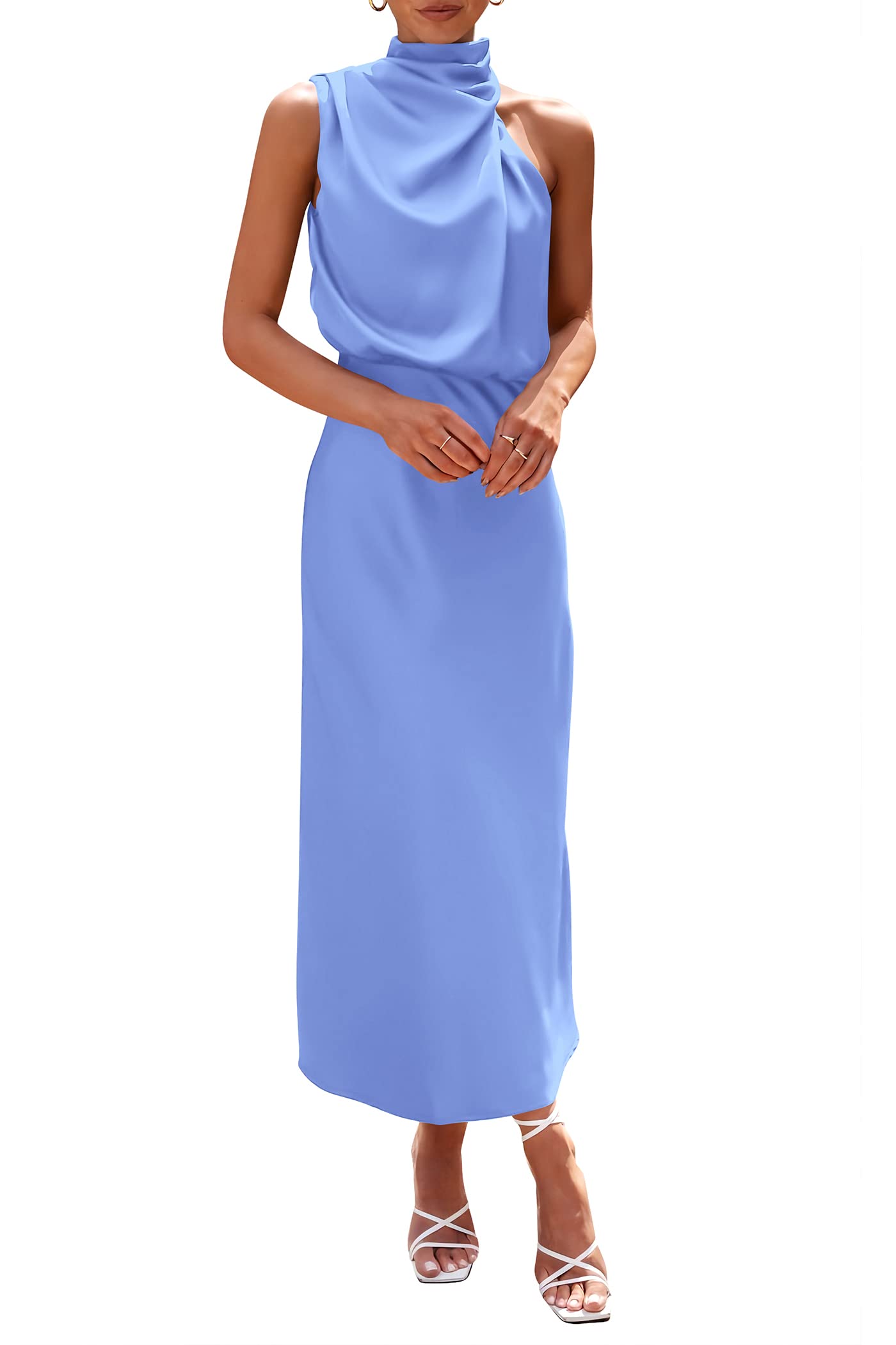 Women's 2026 Summer Satin Sleeveless Mock Neck Elegant Cocktail Party Maxi Dress