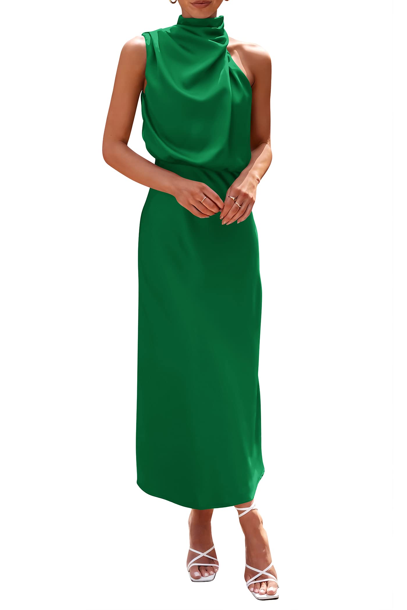 Women's 2026 Summer Satin Sleeveless Mock Neck Elegant Cocktail Party Maxi Dress