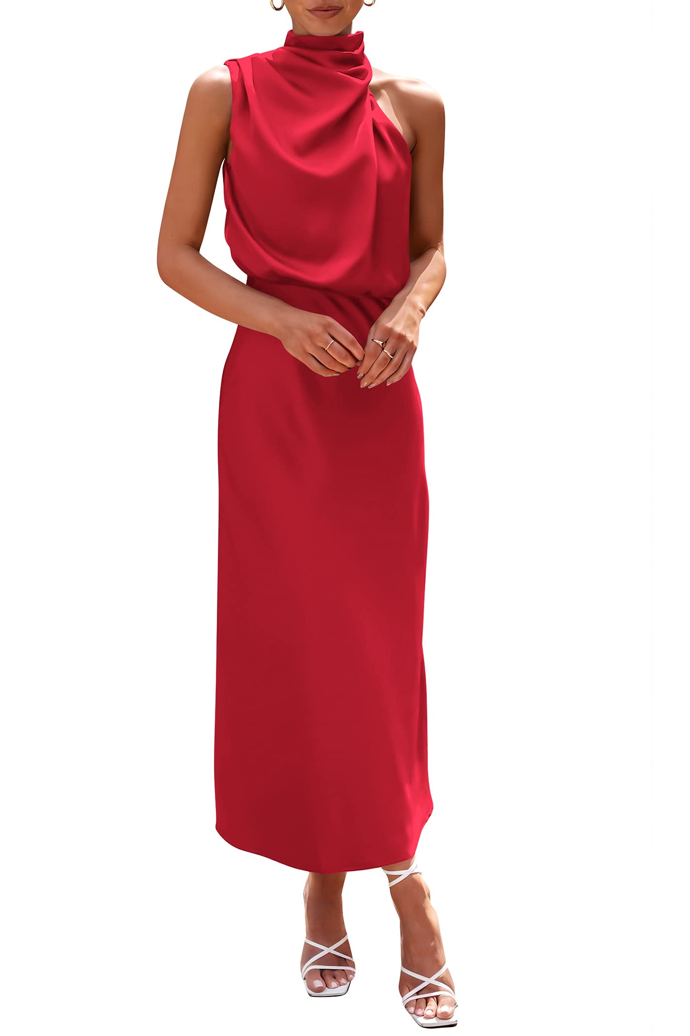 Women's 2026 Summer Satin Sleeveless Mock Neck Elegant Cocktail Party Maxi Dress