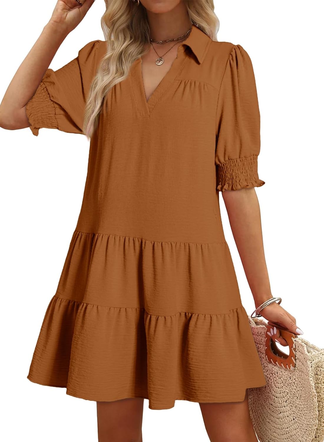 Women's 2026 Summer Lapel Collared V Neck Mid Sleeved Pleated Midi Dress